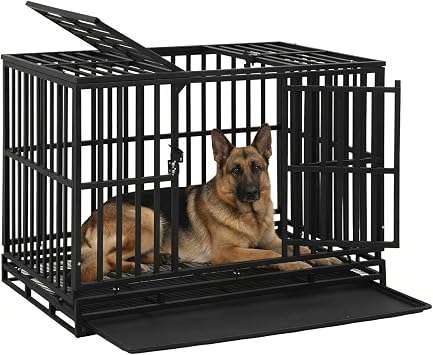 BestPet 49-Inch Heavy Duty Indestructible Dog Crate, Double Door Metal Kennel with Lockable Wheels & Removable Tray, Indoor Outdoor Dog Cage for Medium to Large Dogs