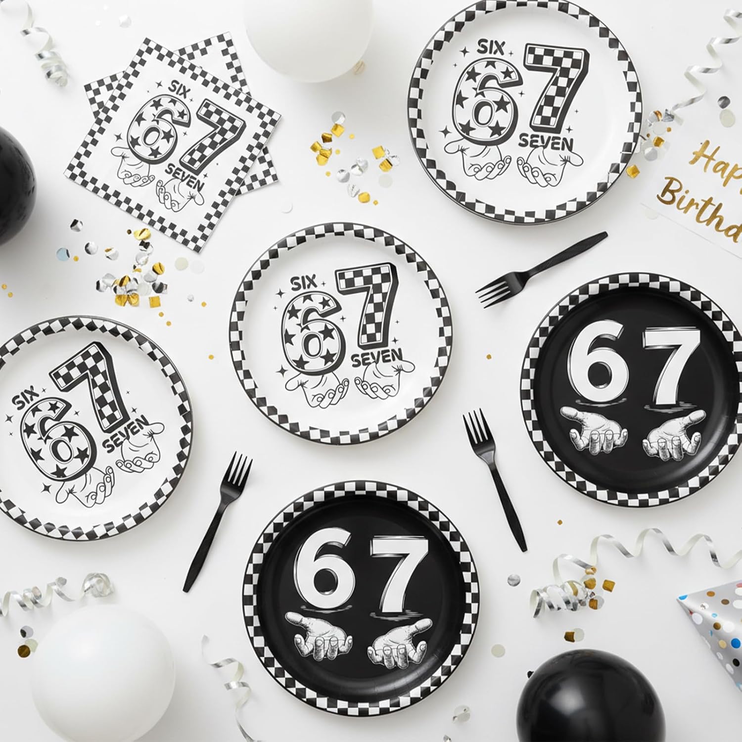 6 7 Birthday Decorations - 96 Pcs 6 7 Birthday Theme Party Plates Napkins Forks Tableware Set Decor, Black 67 Meme Party Dinnerware Supplies for Teens Adults Serves 24