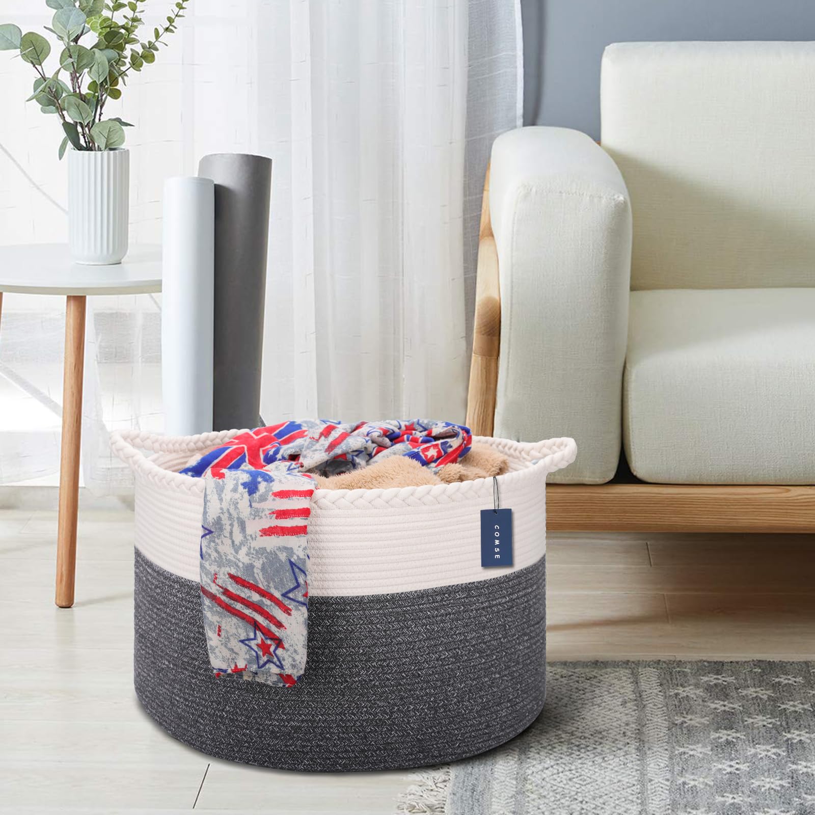 COMSE Cesto extra grande para mantas, cesta de almacenamiento, cesta de cuerda para la colada, 55 x 35 cm, cesta de cuerda de algodón, cesta de ropa XXXL, cestas para ropa, color blanco y negro