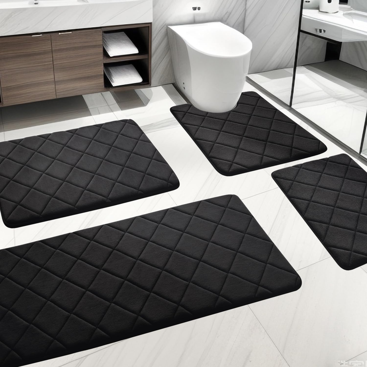 YIHOUSE Bathroom Rug Set, 4 Non Slip Memory Foam Bath Mats, Machine Washable, Water Absorbent for Tub, Toilet and Floor (Black)