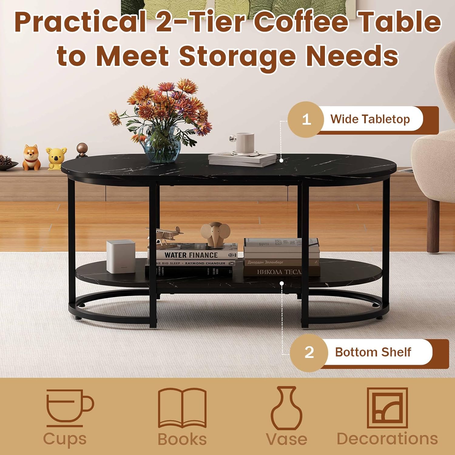 GOFLAME Oval Coffee Table with Storage, 2-Tier Center Table for Living Room with Faux Marble Top, Open Shelf, Metal Frame, Modern Tea Table for Small Spaces, Reception Room, Apartment, Black