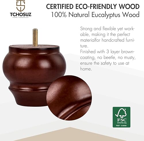 Miniatura 3 de Patas de madera para muebles de 4 pulgadas  3.5 in, paquete de 4 patas de repuesto de madera maciza marrón con pernos de suspensión M8 y tuercas en