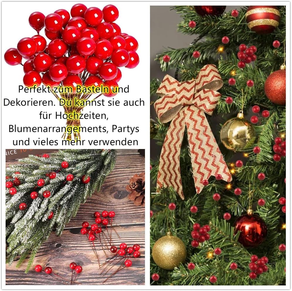 200 Pieces Christmas Red Holly Berries Artificial Berries Wreath Making Supplies for Crafts, Christmas Wreath, Table Tree, Wedding Decoration, DIY Christmas Crafts