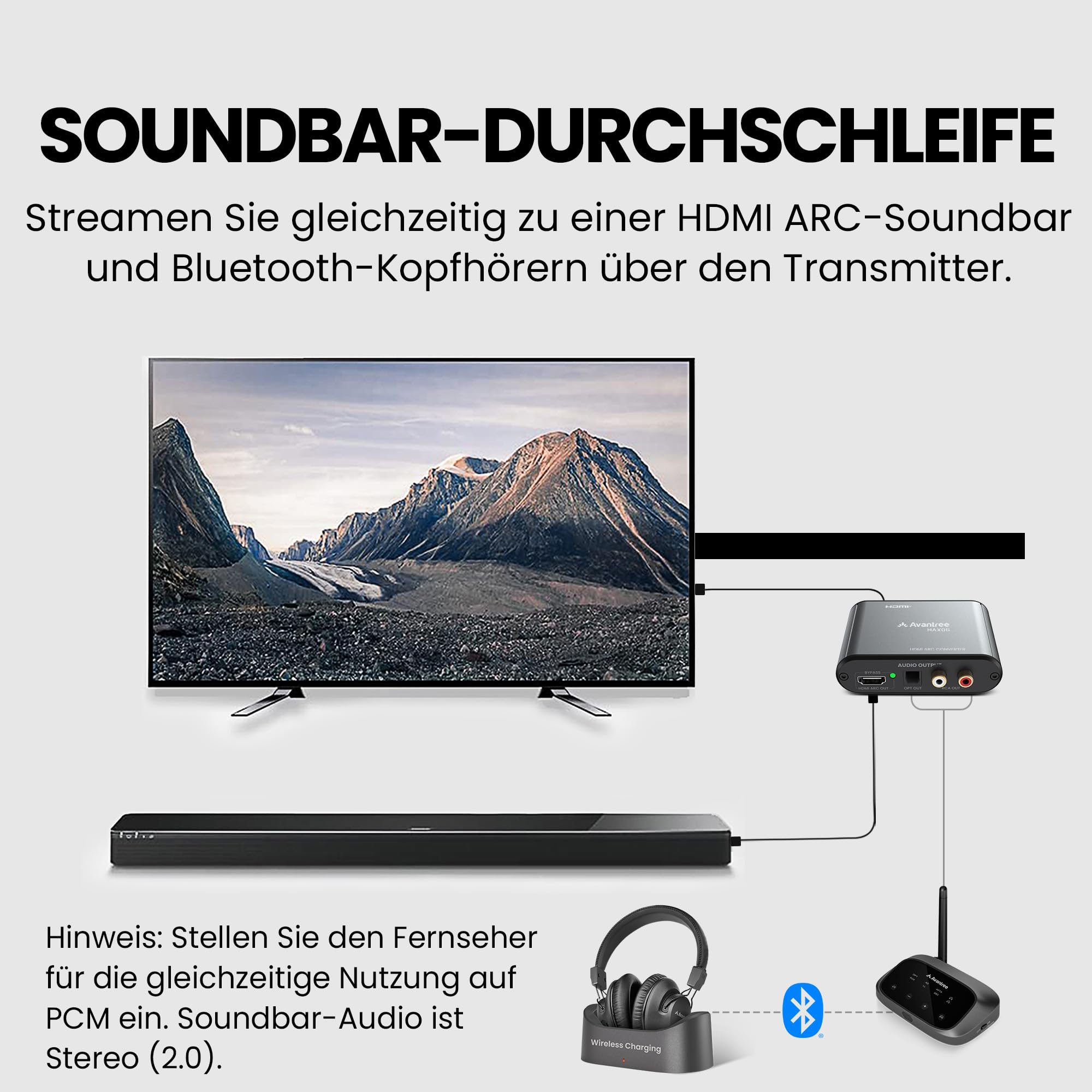 Avantree HAX06 – HDMI ARC Audio Extractor mit Bypass für TV, Soundbar & Kopfhörer gleichzeitig, Optische & RCA-Ausgänge