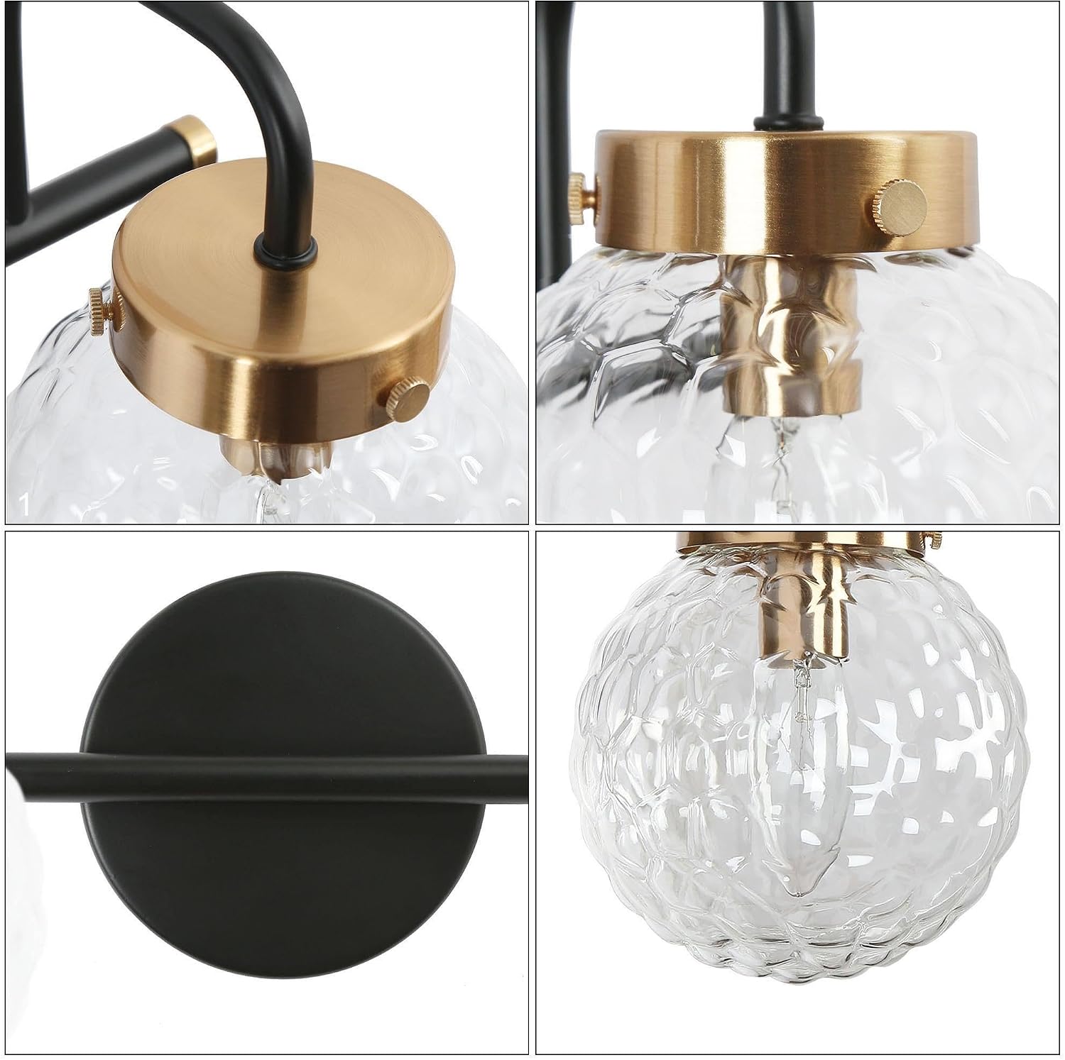 Vanity Lights for Bathroom, 4-Light Black Gold Bathroom Vanity Light with Clear Textured Globe Glass Shade, Modern Farmhouse Bathroom Light Fixtures Over Mirror