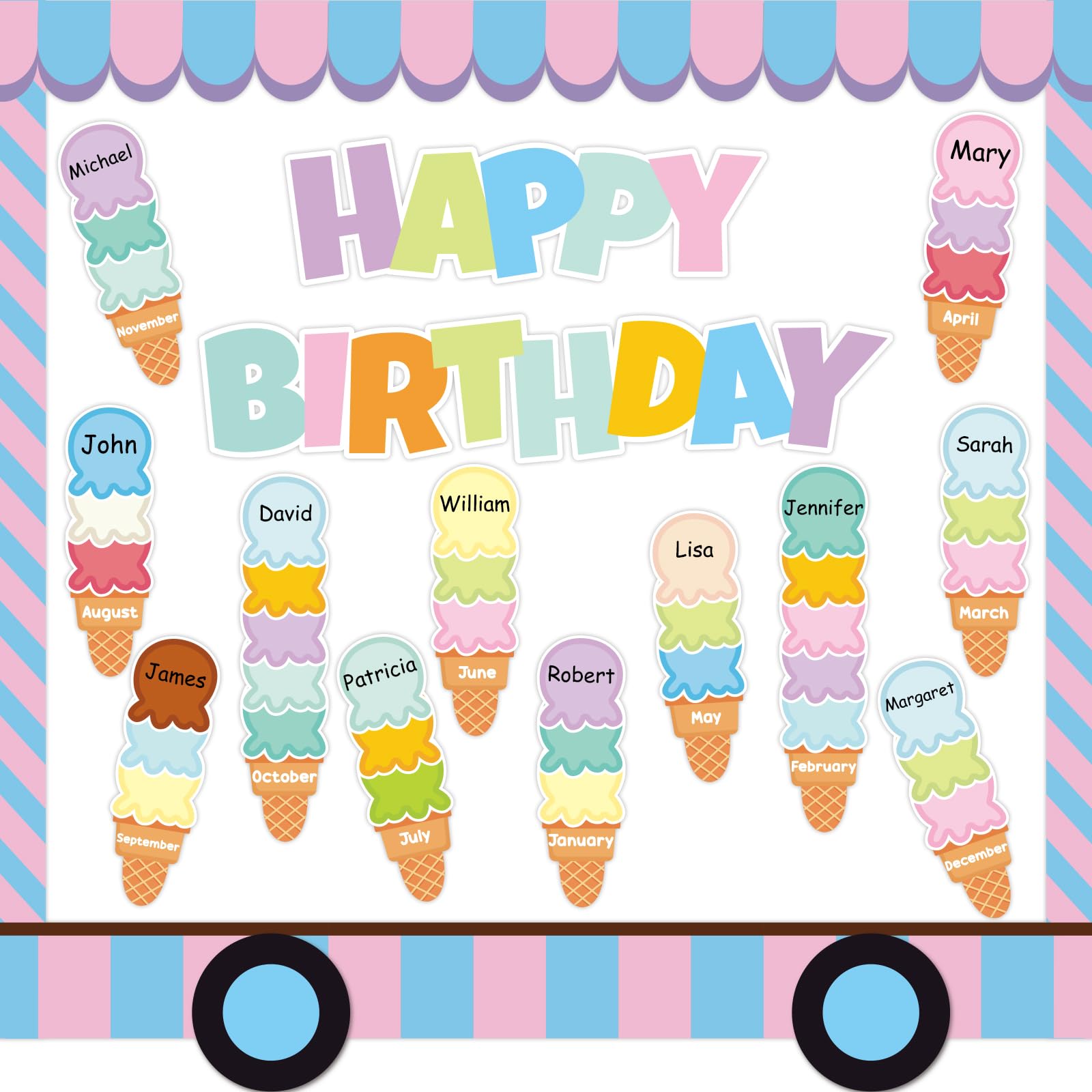 Lonfliness 99Pcs Summer Ice Cream Birthday Bulletin Board Set Classroom Happy Birthday Chart Cutouts Name Plates Decoration for Calendars Bulletin
