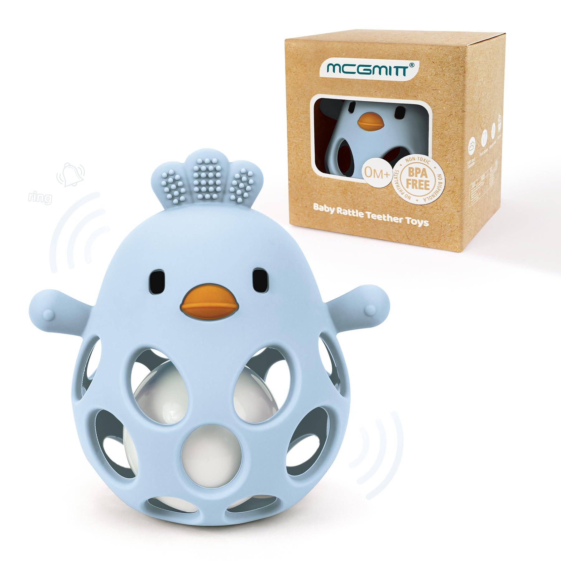 MCGMITT Palla da Presa per Neonati in Silicone Senza BPA – Sonaglio a Forma di Pulcino Giocattolo Sensoriale e Motorio per Bambini di 3 6 9 mesi Facile da Afferrare Come Regalo Montessori – Blu