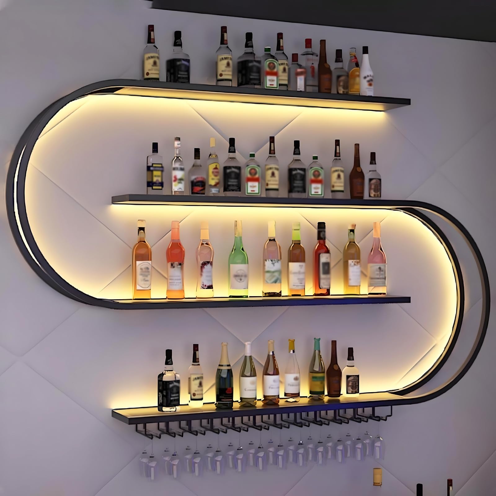 120cm Botellero de Pared, Botellero Semicircular Multicapa con Ganchos para Copas de Vino, Vino de Hierro Forjado, Apto para Cocina, Bar, Cafetería (Excluidas Las Bombillas) (BLACK, 121*20*120cm)