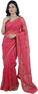Indian Fashionista Womens Shimmer Chiffon Embroidered Hot Fix Stone Work with Lace/Swarovski Crystal Saree With Blouse_Shi... Price In India