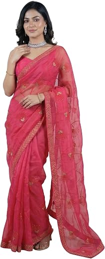 Indian Fashionista Womens Shimmer Chiffon Embroidered Hot Fix Stone Work with Lace/Swarovski Crystal Saree With Blouse_Shi...