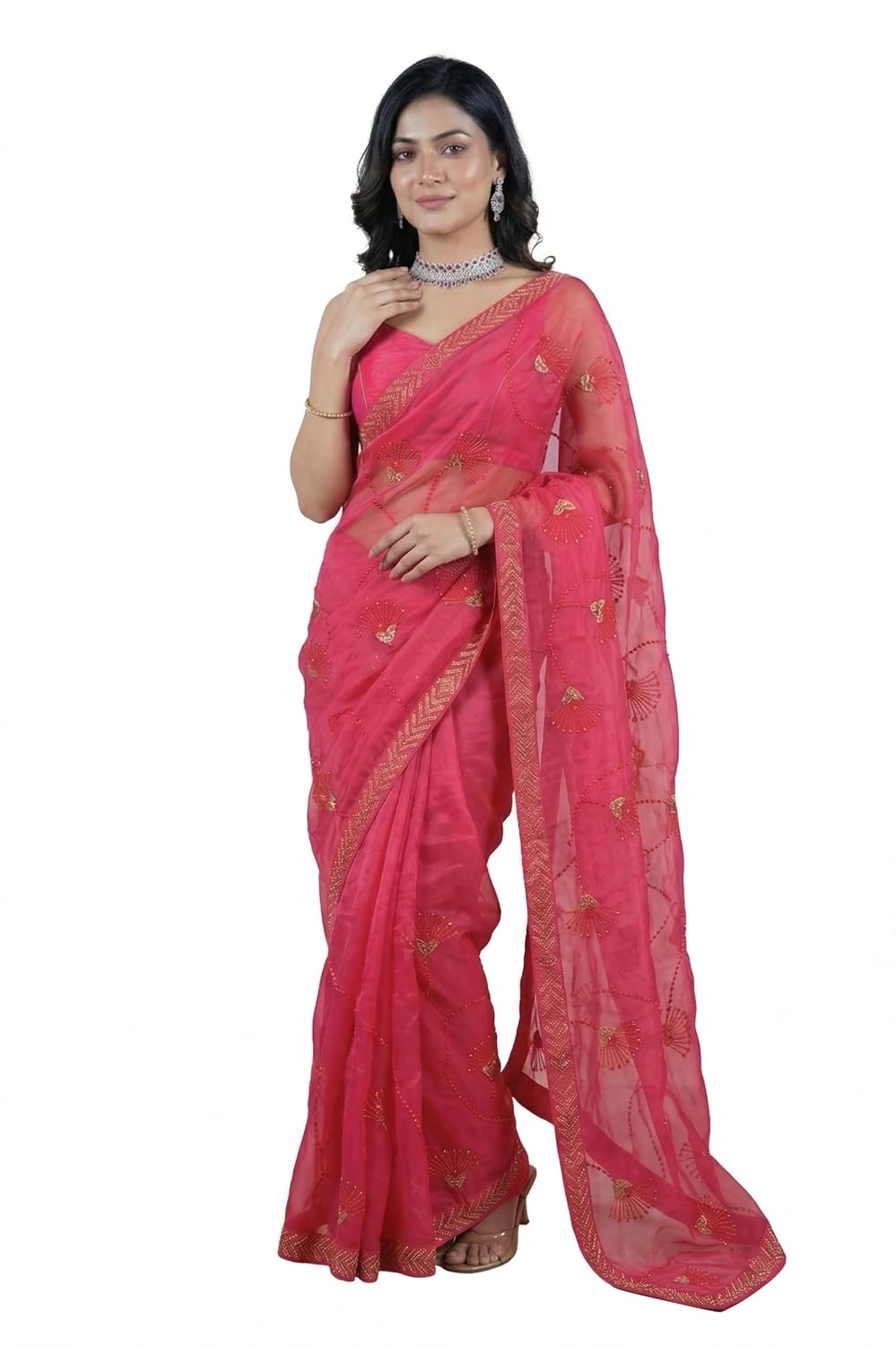 Indian Fashionista Womens Shimmer Chiffon Embroidered Hot Fix Stone Work with Lace/Swarovski Crystal Saree With Blouse_Shi... - Review, Price and Buying Guide
