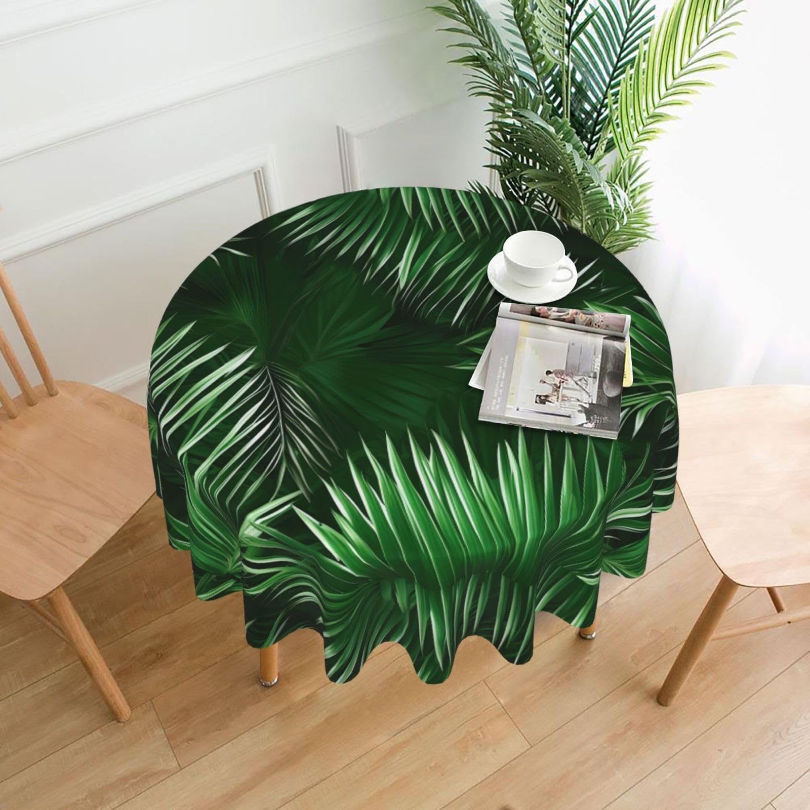 Nbtghga Green Leaves Of Palm Tree Tropical Plants Print Tablecloth Round Border Table Cloth Cover Decorative For Party Holiday Dinning Tabletop Home