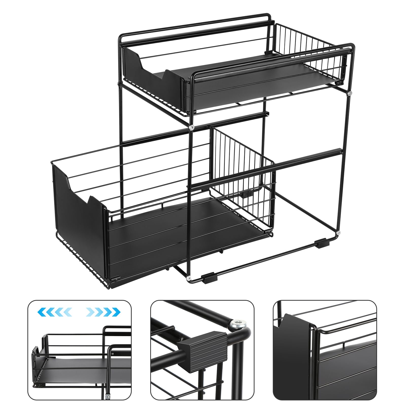 OHMG Schiebeschrank Korb herausziehen Organizer Schublade, küchen küchenschrank organizer,spülbecken organizer unter Waschbecken Schrank Lagerregal für Küchenarbeitsplatte (schwarz-2p)