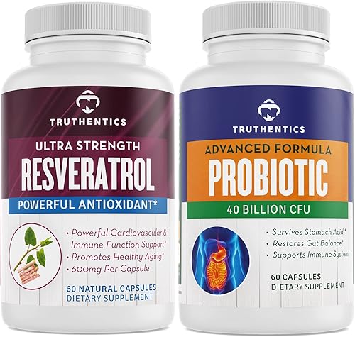 TRUTHENTICS Resveratrol con TransResveratrol + paquete de probióticos avanzados  Envejecimiento saludable, apoyo cardíaco, inmunológico y digestivo