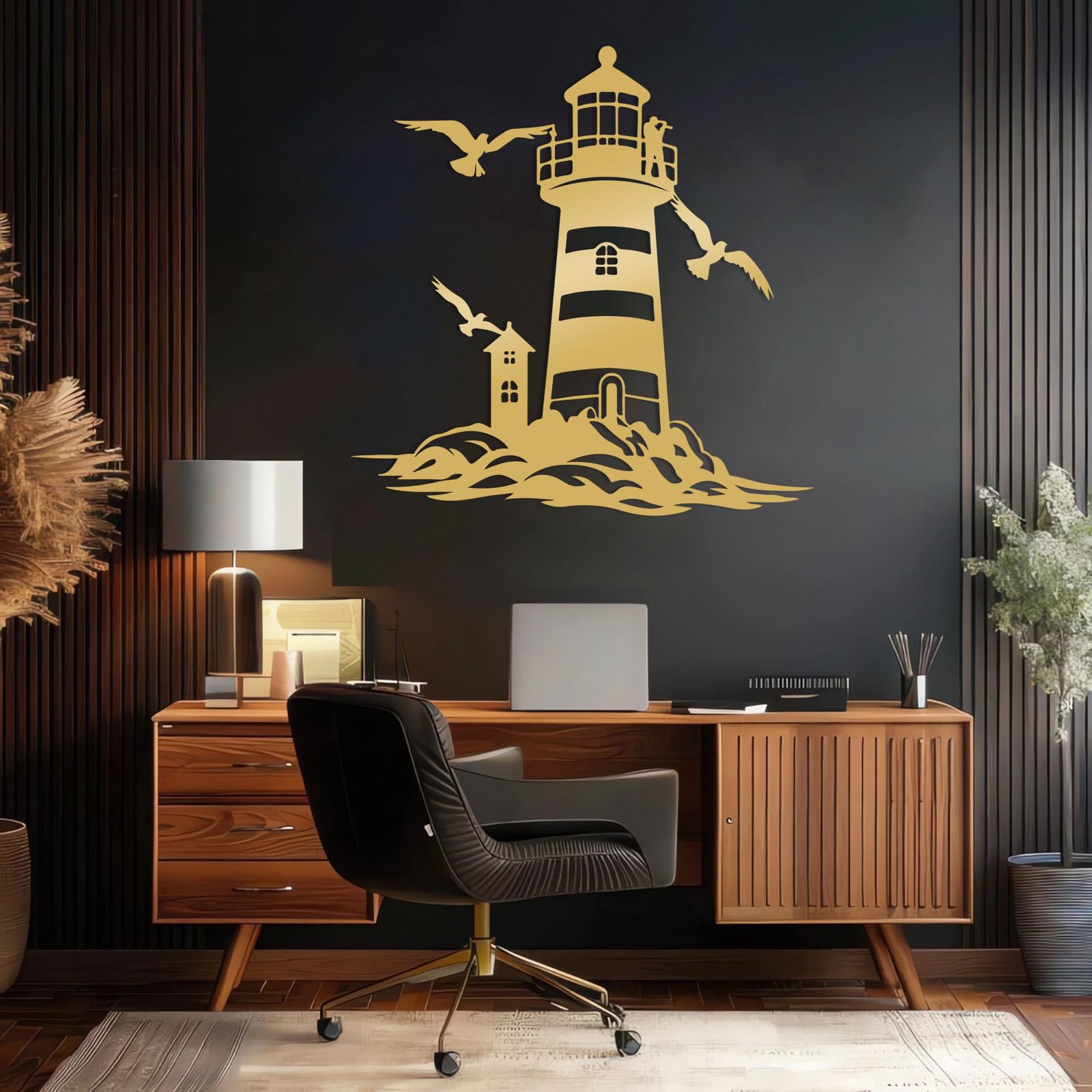 Metall Wanddeko Schwarz abstrakter Leuchtturm, schwarze Wanddeko Möwe Strand modern Moderne Wandbild Metall für Wanddekoration Wohnzimmer, Schlafzimmer, Flur und Treppe, Natur-Wohndekor(Black, 28