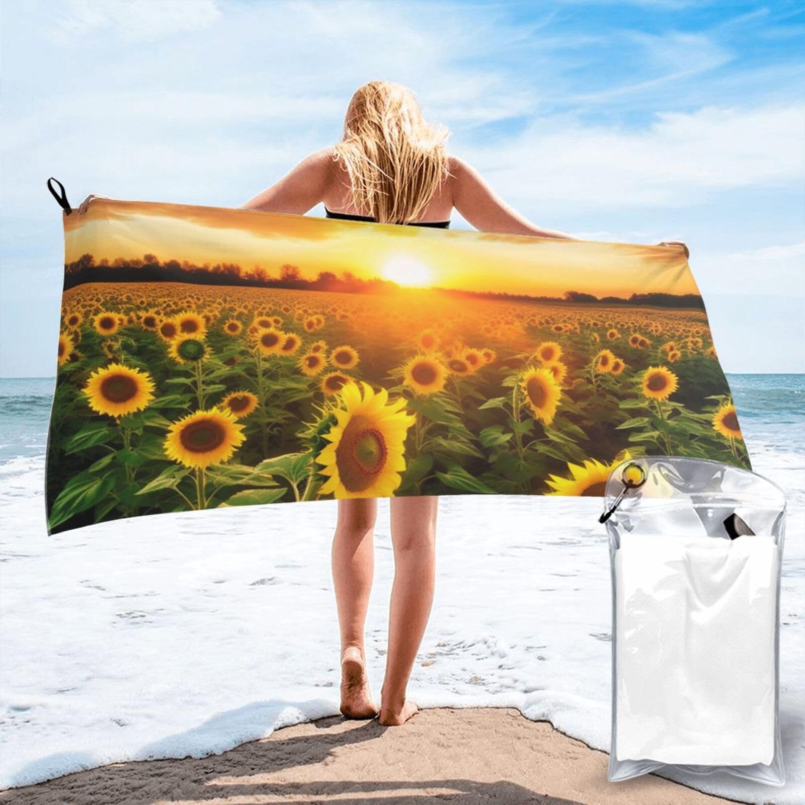 DWVTSLH Microfiber Sand Free Beach Towel 27.5"x55", Quick Dry Absorbent Travel Towel Large Camping Blanket, Sunflower Field Sunset Bath Towels Lightweight Pool Swim Towels for Vacation Essentials