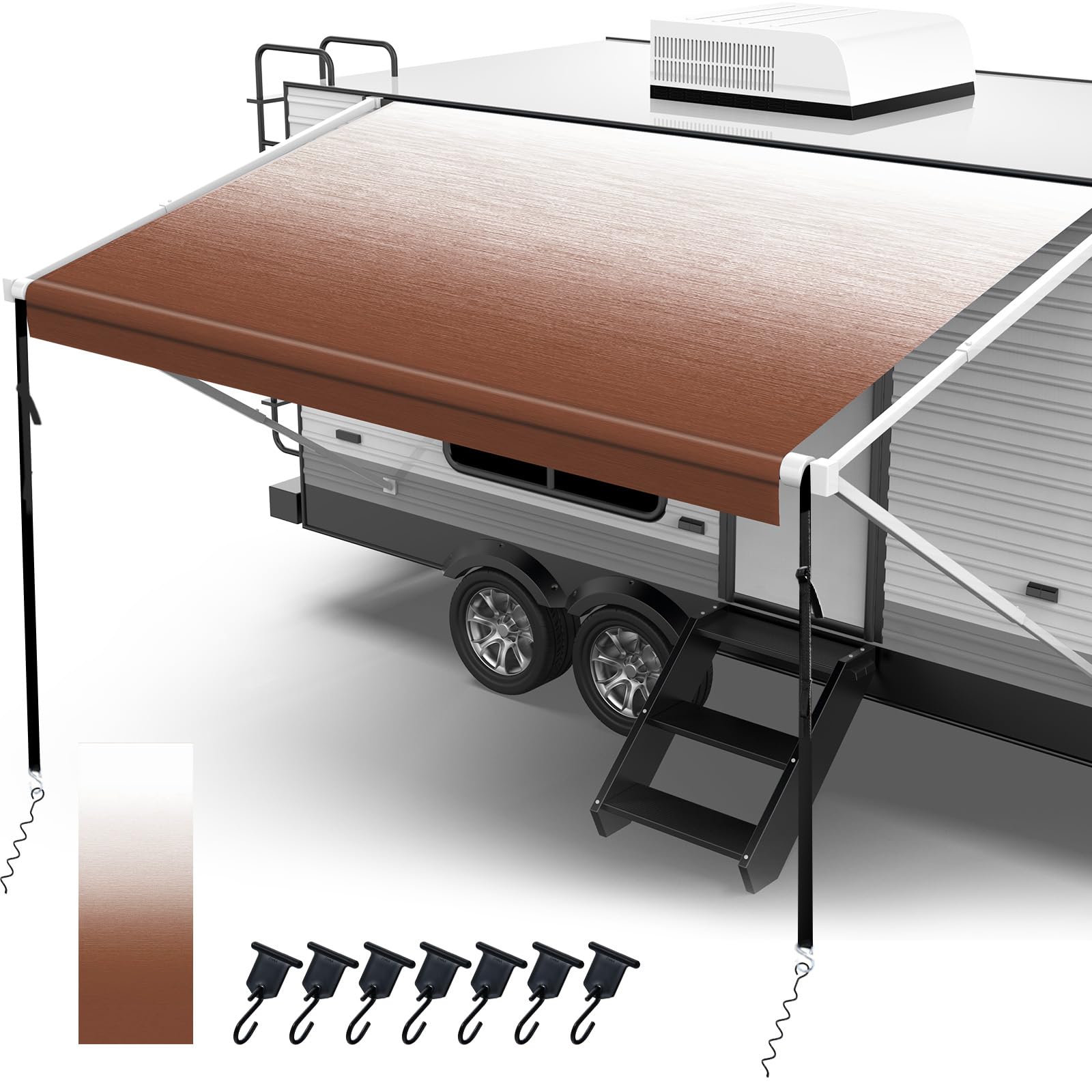 Photo 1 of 18oz RV Awning Fabric Replacement, Heavy Duty Vinyl, with Awning Tie Down Kits & 7 Awning Hooks & Pull Strap for Trailer Awning- 20'(Fabric 19'2"), Sand Brown Fade 20' (Fabric 19'2'') Sand Brown Fade