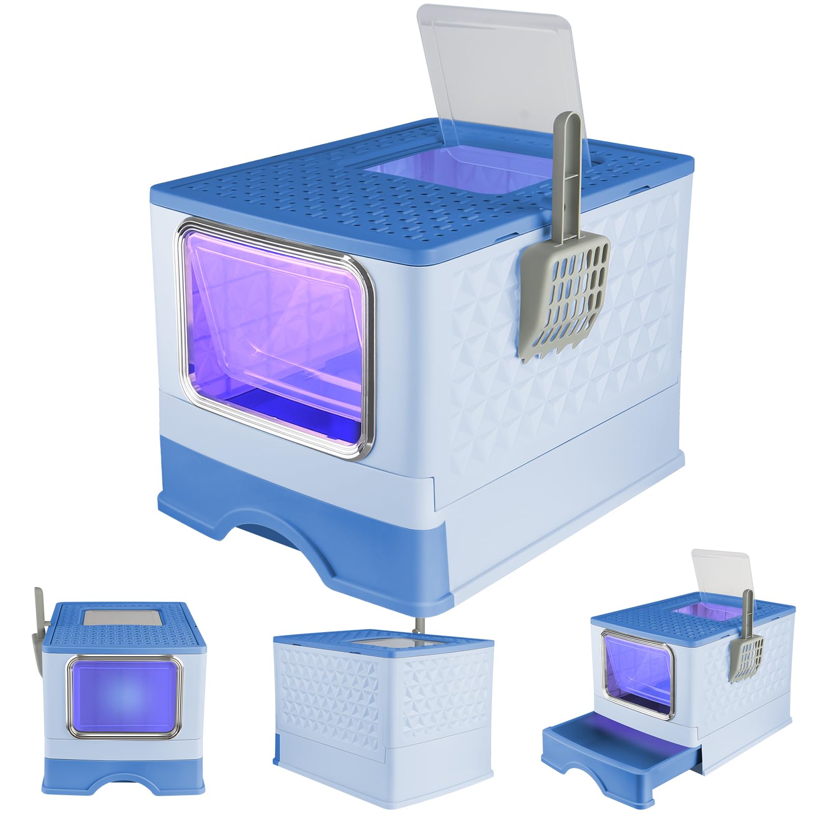 Bandeja para cama de gato, con pala incluida, bandeja extraíble, 2 aberturas (52 x 39 x 39 x 39 cm-Bleu+UV)