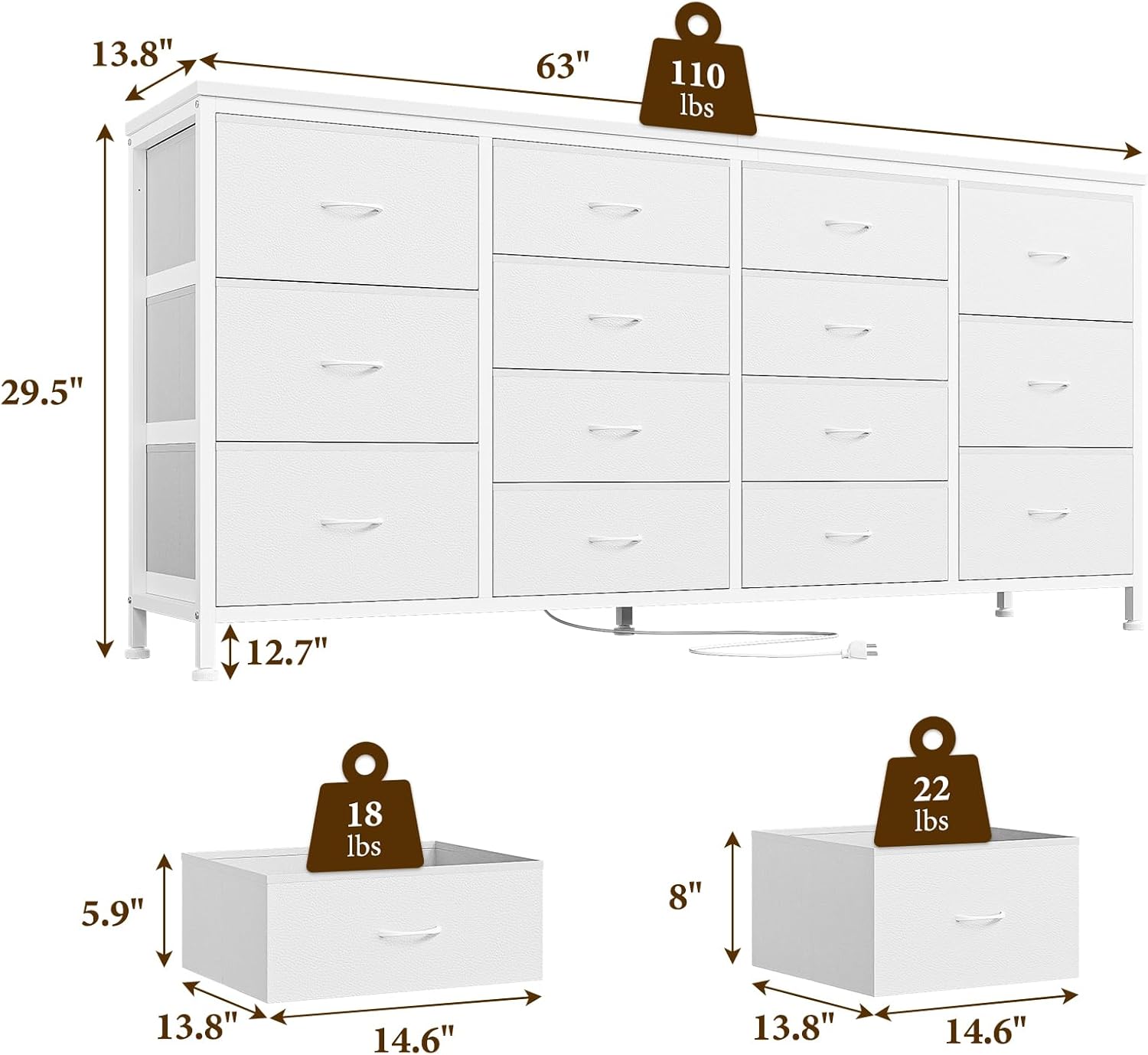 Diagram showing the dimensions of the Patikuin dresser TV stand: 63 inches wide, 13.8 inches deep, 29.5 inches high. Also shows drawer dimensions and weight capacities.