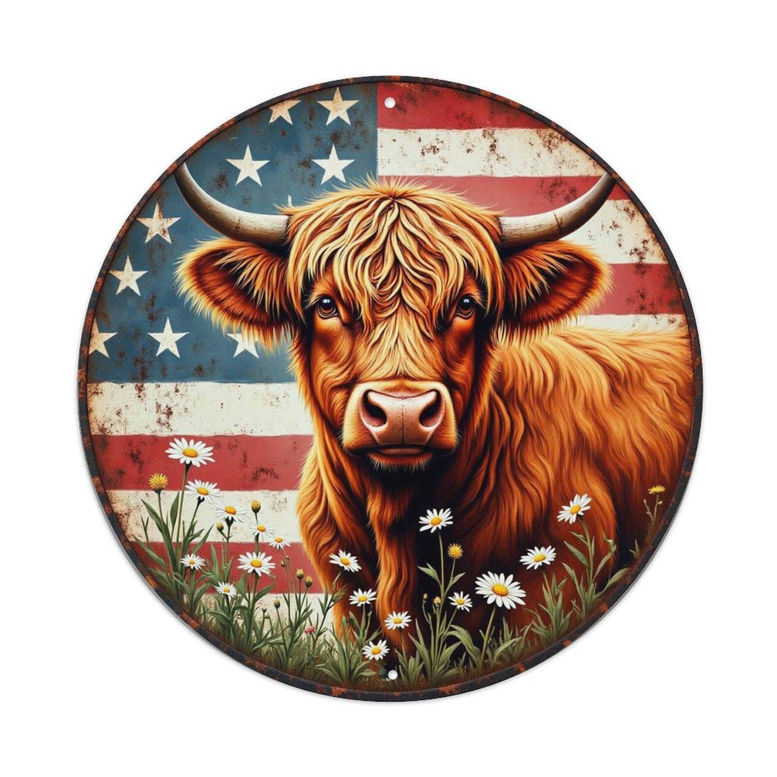 American Flag Bull Daisies Field Round Metal Tin Sign Vintage Wall Decor, Bar Garage Cafe Kitchen Home Wall Art Poster 8x8inches