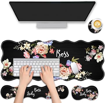 4 in 1 Desk Mat Set,Mouse Pad with Keyboard Wrist Rest,Wave-Shaped Design,Non-Slip Rubber Base,Waterproof,for Home,Office,Gaming,Flower Boss Lady