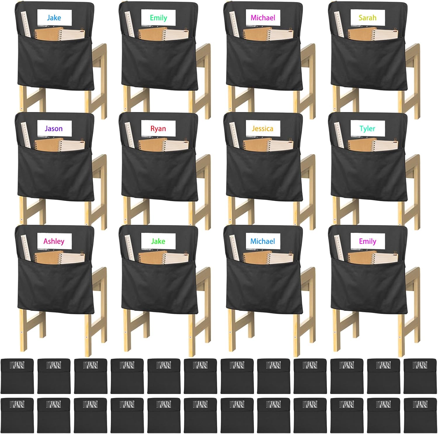 24 PCS Chair Pockets for Classrooms, 17"x15.7" Student Chair Organizers for Seating and Storage, Durable Seat Sacks for K-2, School and Home Use (Black, Small)