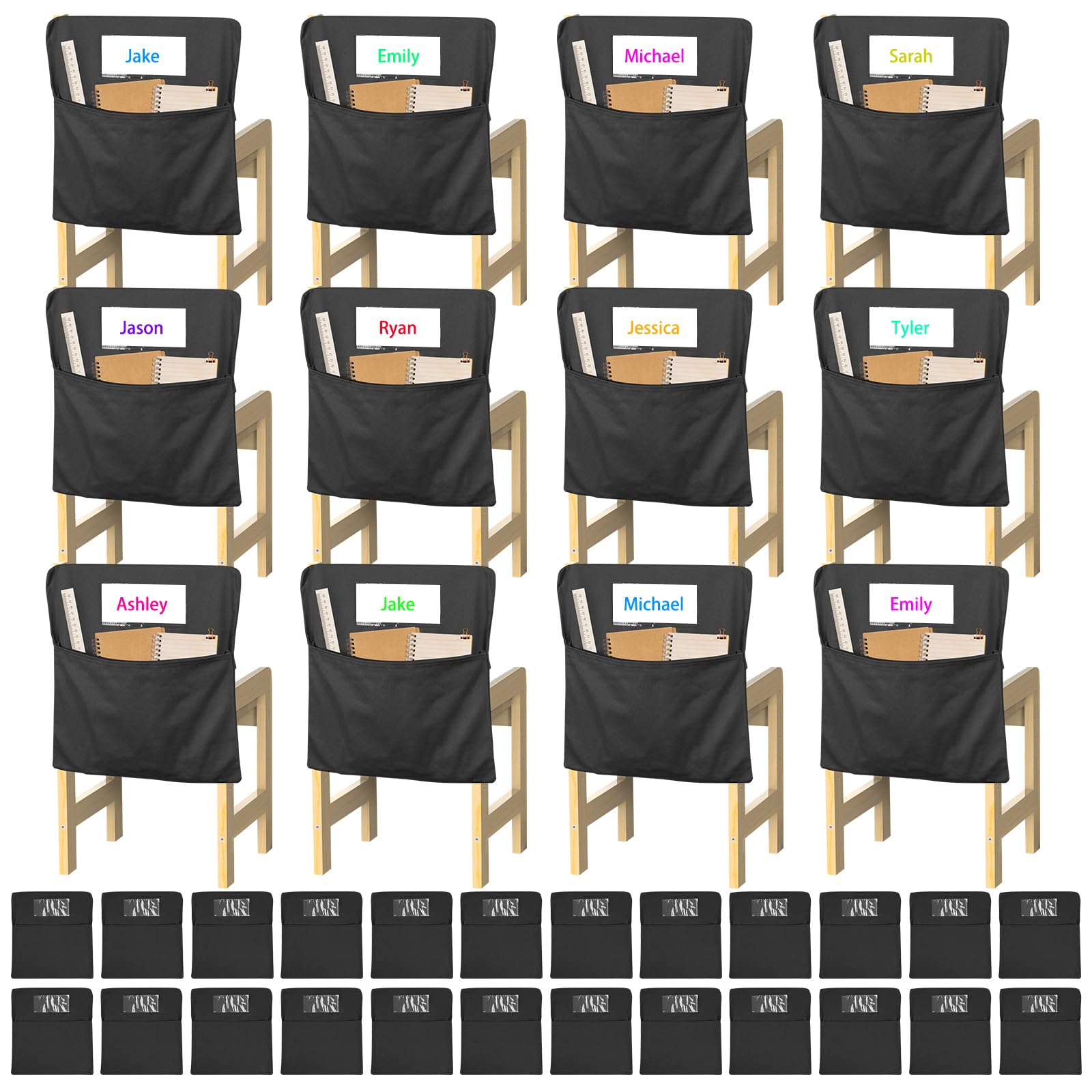 YZiCHENQQ 24 PCS Chair Pockets for Classrooms, 17"x15.7" Student Chair Organizers for Seating and Storage, Durable Seat Sacks for K-2, School and Home Use (Black, Small)