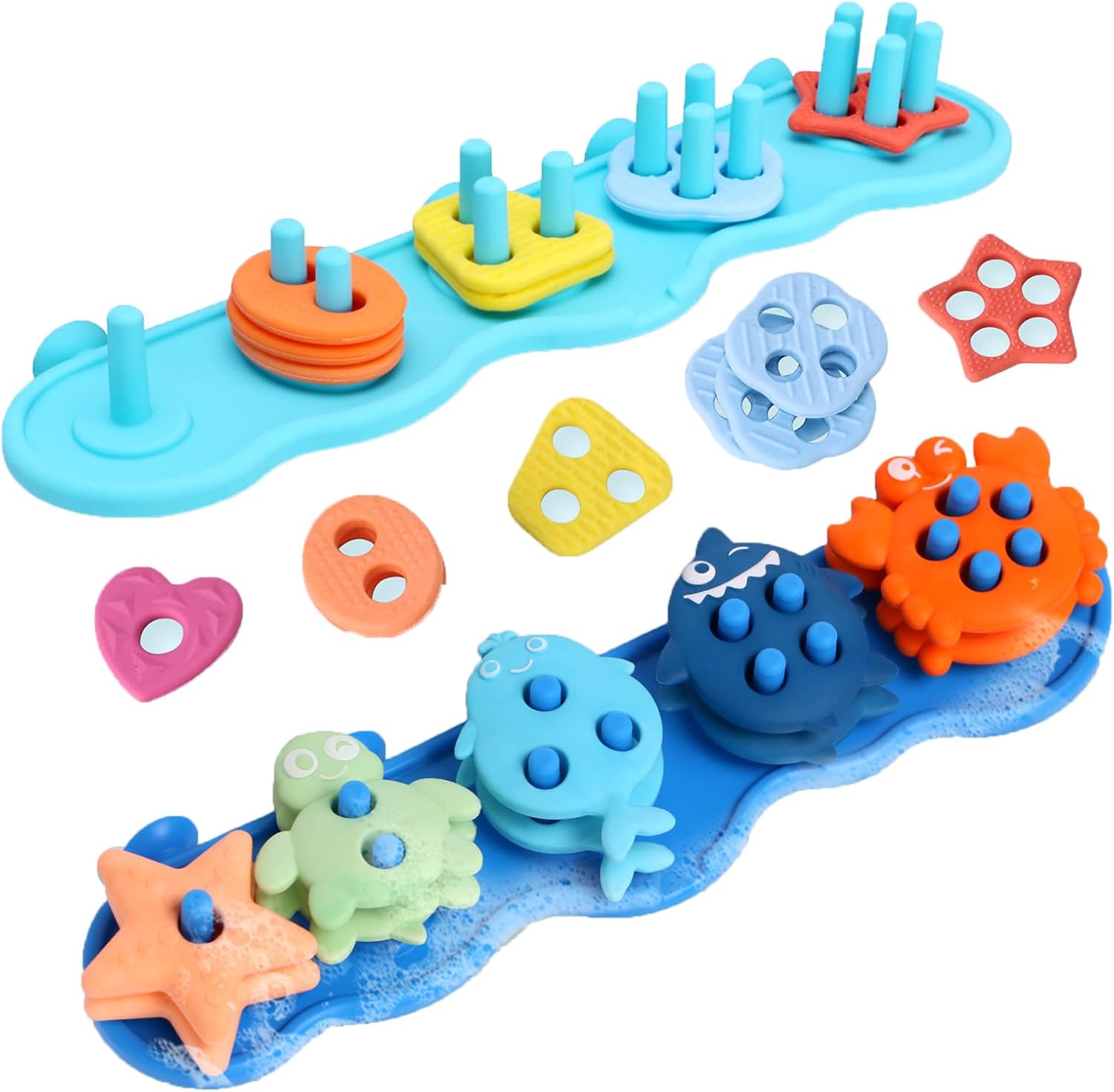 Premium Silicone Mold Free Toddler Shape Sorting & Stacking Bath Toy Set, 2 Pcs Suction Board & 20 Pcs Shape Floating Toys & 10 Pcs Ocean Animal Floating Toys