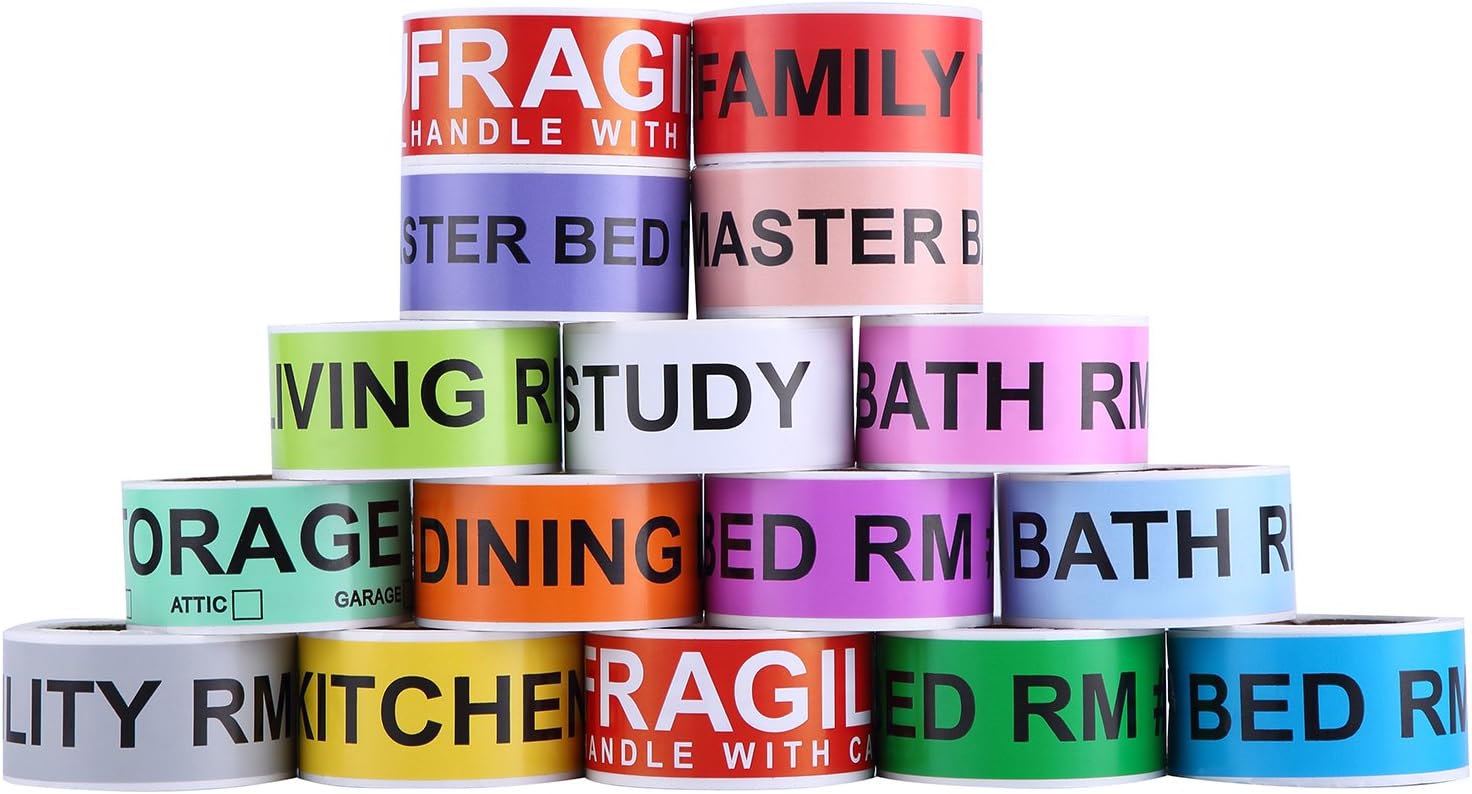 Pacific Mailer 800 Count Home Moving Color Coding Labels, 4 Bedroom House + Fragile Sticker [14 Different Living Spaces, 2 Rolls Handle with Care, 16 Rolls Total, 50 Labels/Roll]