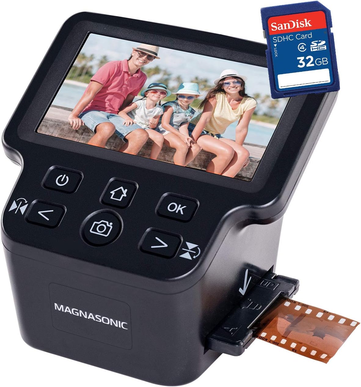 Magnasonic All-in-one 24MP film scanner with large 5" screen and HDMI, converts 35mm/126/110/Super 8 Film & 135/126/110 slides into digital photos, built-in memory with bonus 32GB SD card (FS71)