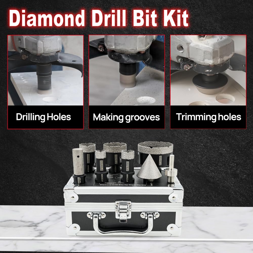 DT-DIATOOL Diamentowa otwornica M14 20/25/35/50/75 mm, 50 mm, wiertło fazowe diamentowe 20 mm, wiertło diamentowe 20 mm i gwint M14 na adapterze sześciokątnym, zestaw wierteł diamentowych do gresu,