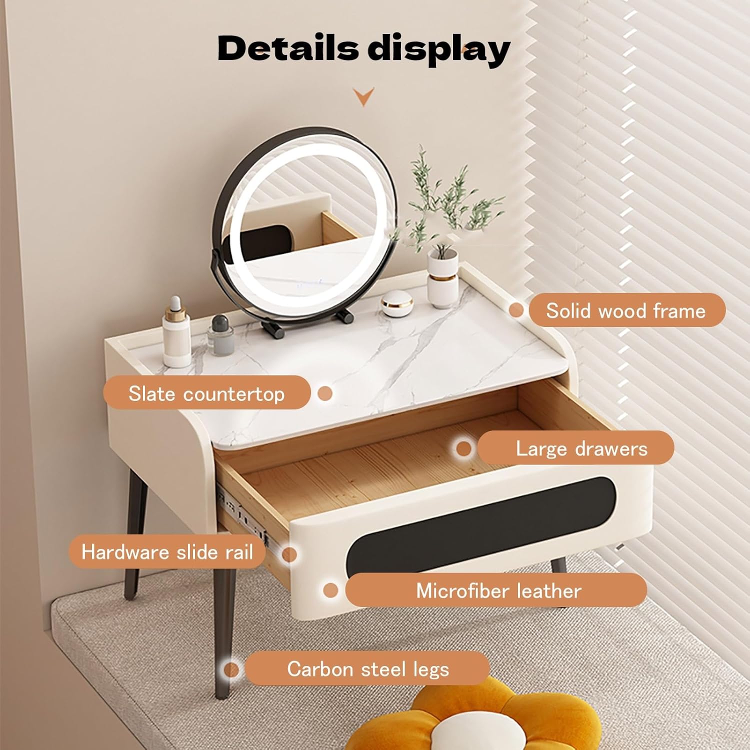 Wood Vanity Desk Modern Dressing Table with Drawer Small Makeup Table for Bedroom Bay Window Dressing Room(Off White,50x40x48cm)