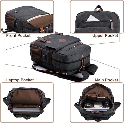 Miniatura 4 de Mochila vintage de lona para laptop para mujeres y hombres, mochila universitaria para computadora portátil de 17.3 pulgadas, Negro -, Mochila