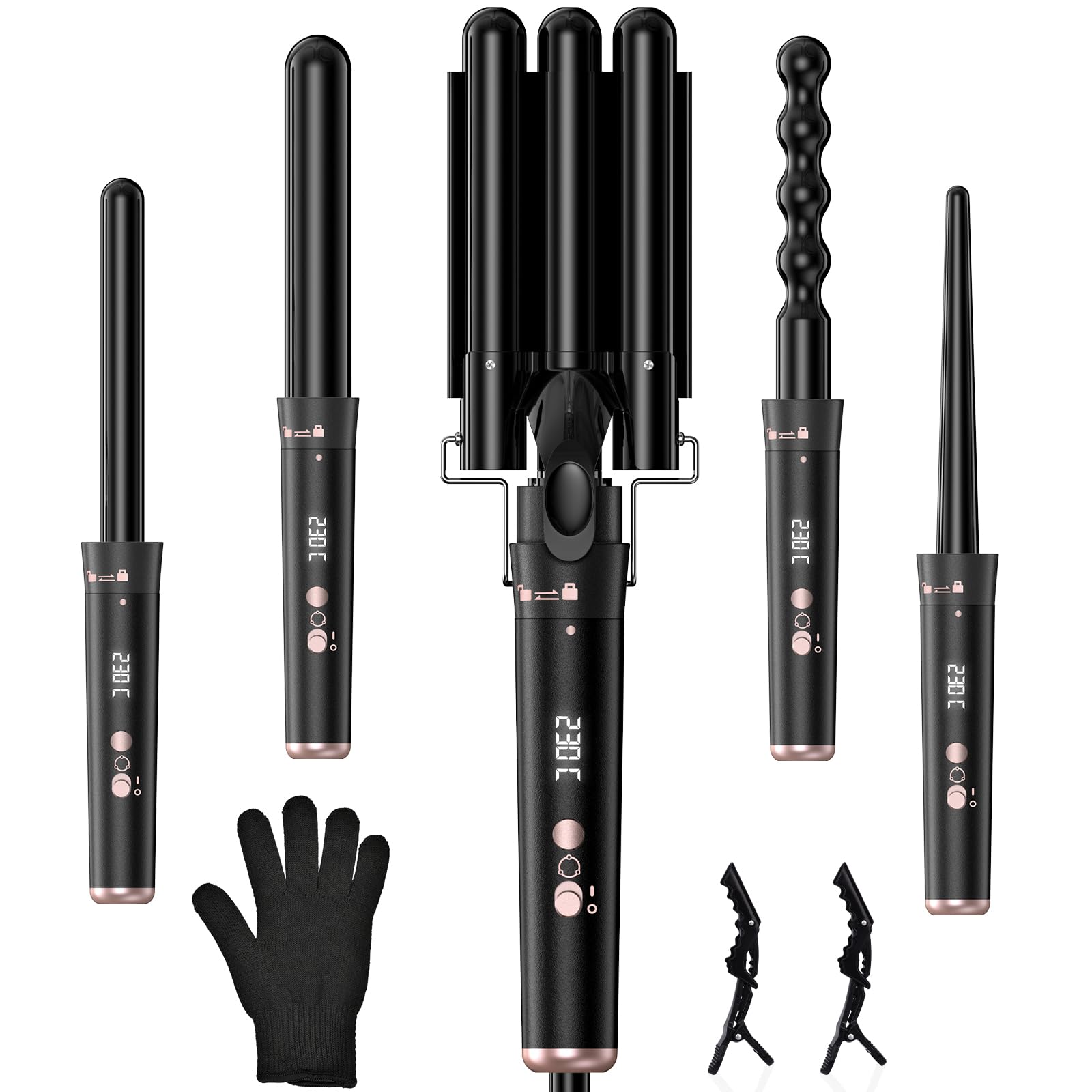 Ferro Arricciacapelli 5 in 1,Multifunzione Arricciacapelli Set con Display LCD e Temperatura Regolabile 160-230℃,Piastra Onde Per Capelli Ceramica,Piastra Capelli Ondulati con Guanto e 2 Clip