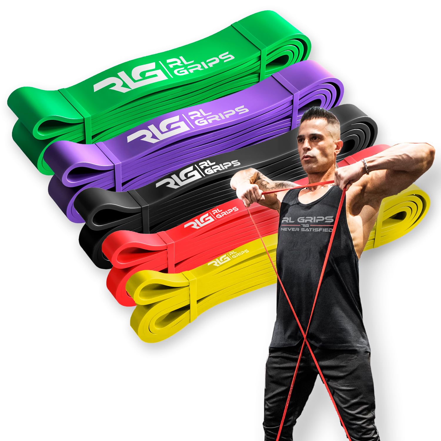 RL Grips - Bande di Resistenza – Elastico da Allenamento in Lattice per Fitness, Crossfit, Trazioni, Assistenza, Pull-up, Allenamento, Potenziamento Muscolare, Yoga, Pilates