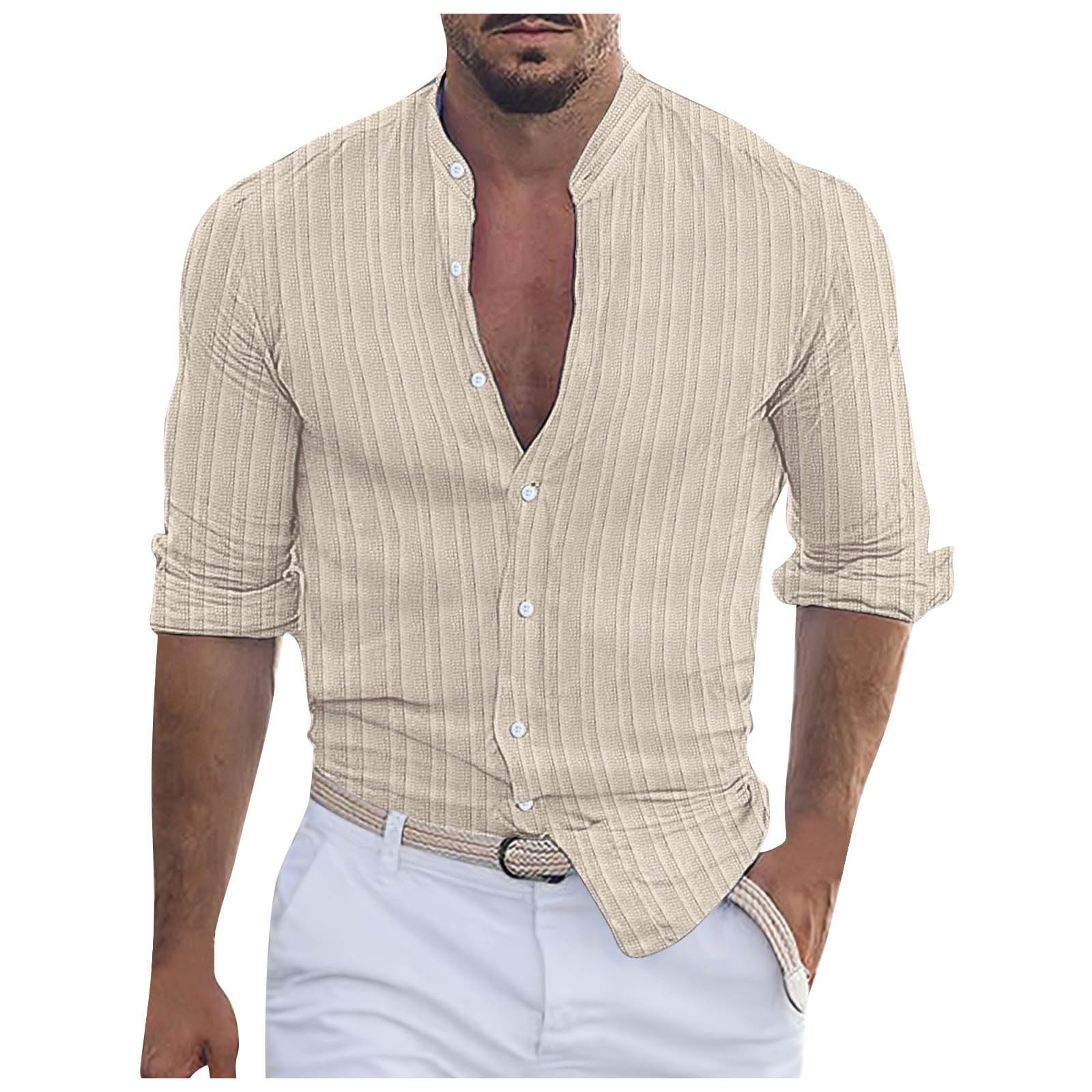 Augystre Camisa de verano para hombre, de manga larga, holgada, de lino, a rayas, para el tiempo libre, de un solo color, corte regular, sin planchado, camisa de verano, camisa de playa