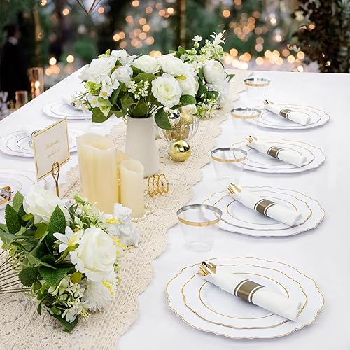 Miniatura 3 de Liacere 175 piezas Platos de Plástico Dorados - Blancos y Dorados Desechables, 50 PIEZAS Platos de Plástico para Cena, Perfectos para Bodas y