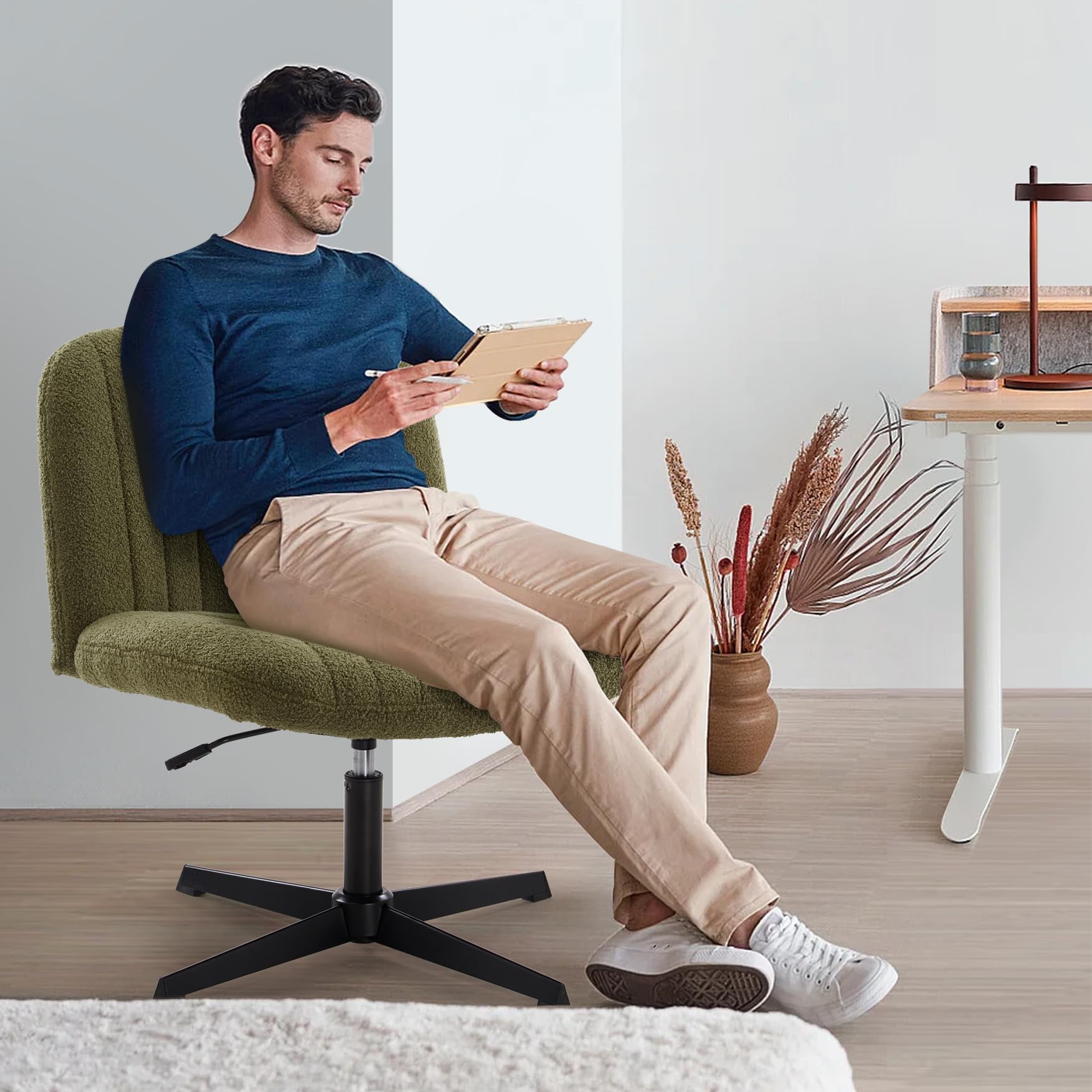 IWMH Bürostuhl ohne Rollen,Bequemer Schreibtischstuhl ohne Armlehnen | Höhenverstellbar Homeoffice Stuhl mit Breite Sitzfläche für Haus,Büro,Schlafzimmer (Grün)