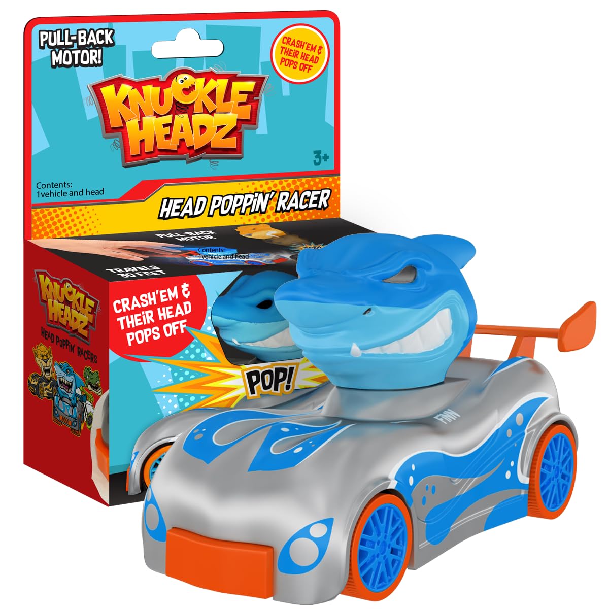 Knuckle Headz Head Poppin' Quick Shot Pull Back Crash Derby Racer - Finn The Shark