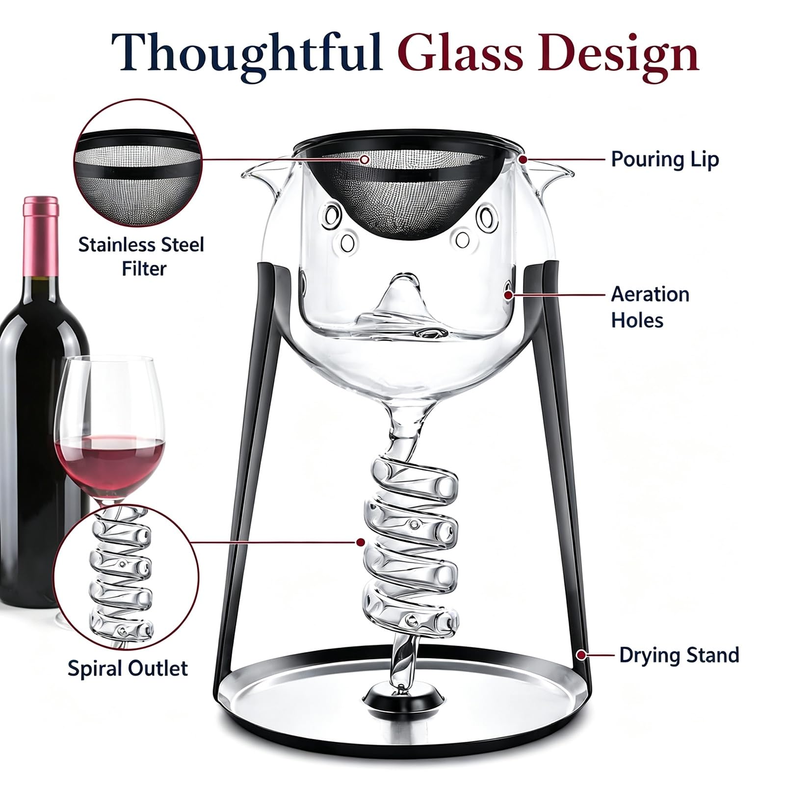 Aérateur de vin en verre, modèle à spirale avec filtre et support