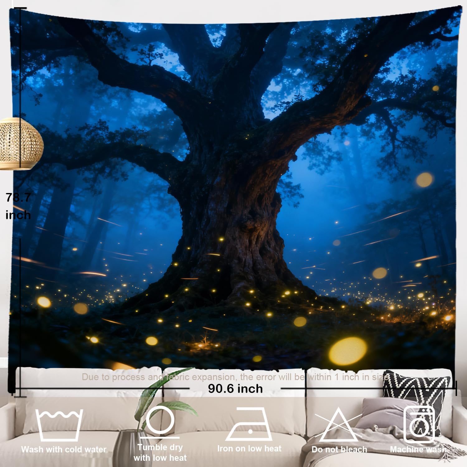 Batmerry Fairy Tree Forest Tapestry, Mystical Fantasy Forest Blue Nature Wall Art Hanging Decoration Polyester Fiber White Ruffled Around For Dorm Room Bedroom Living Room, 90.6 X 78.7 Inches