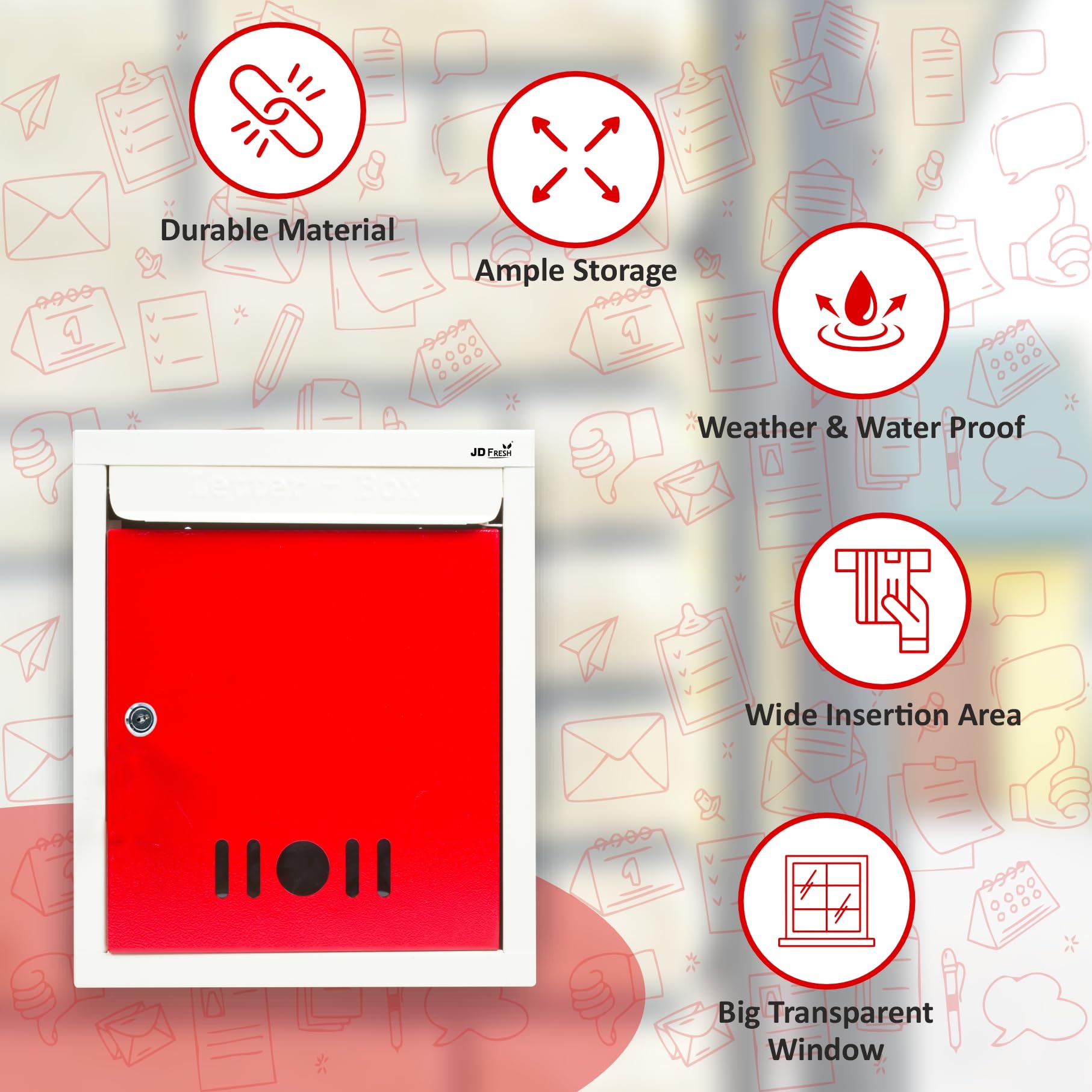 JD FRESH Wall Mount A4 Size Letter Box/Mail Box/Suggestion Box/Complaint Box for Office/Post Box for Home gate with Clear Window View & Secure Key Lock - (Red & Ivory) 3