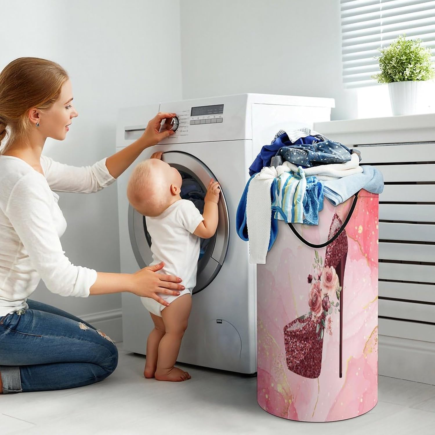 Abstraction High Heels Laundry Basket Large Volume,Pink Color Marble Flower High Heel Shoe Print Dirty Clothes Basket Hampers Storage for Dorm And Family 15.7W" X27.2H"