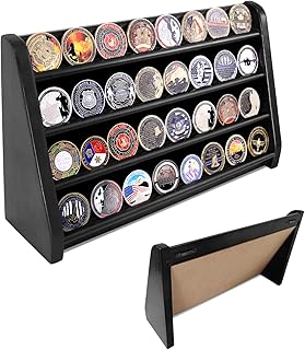ASmileIndeep 4 Rows Challenge Coin Holder Display Stand Army Collectible Challenge Coin Display Rack Solid Wood Black