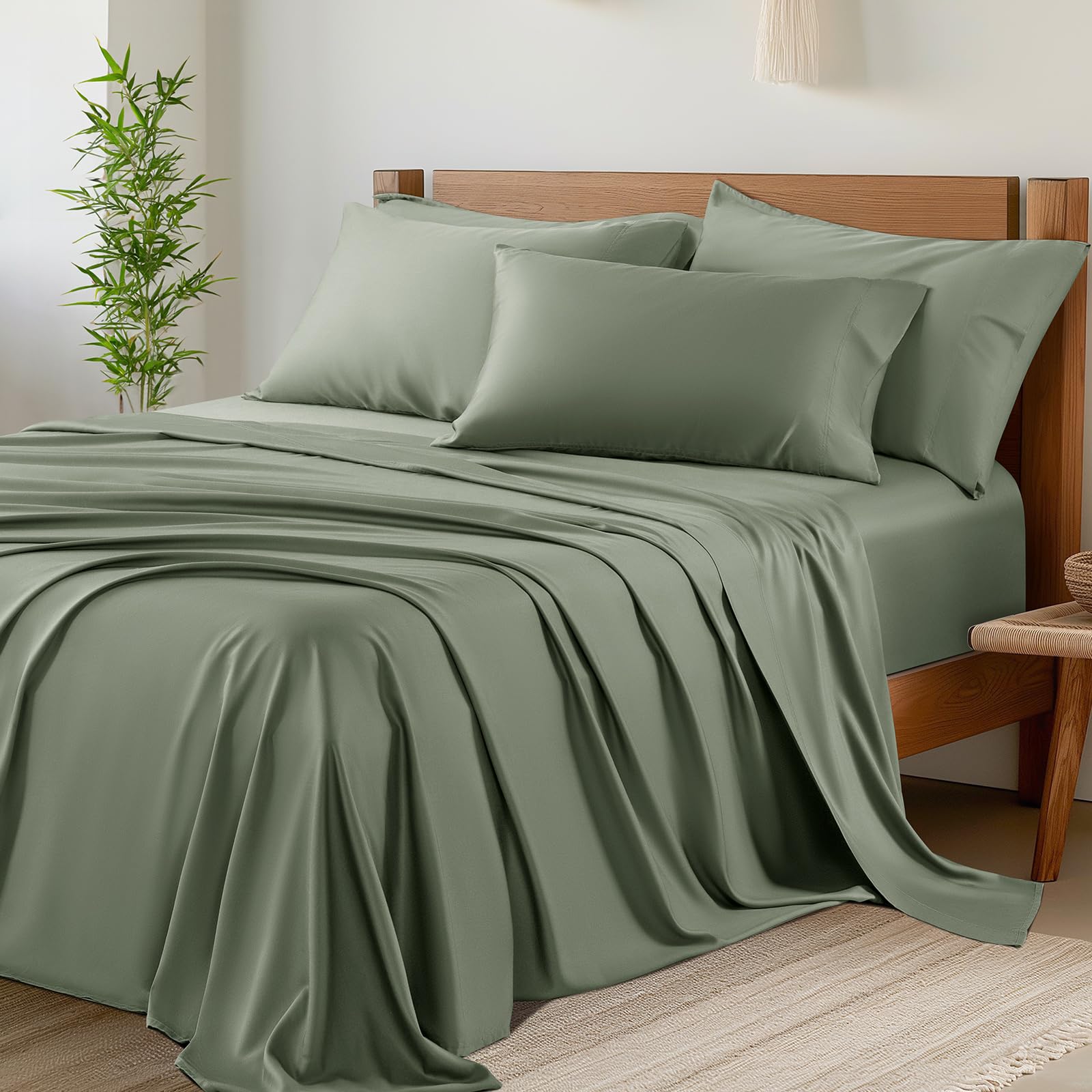 Shilucheng6 Piece Queen Sheet Sets, Cooling Sheets, Blend Rayon Derived from Bamboo, Deep Pocket Up to 16", Breathable & Soft Bed Sheets, Hotel Silky Bedding Set, Sage Green