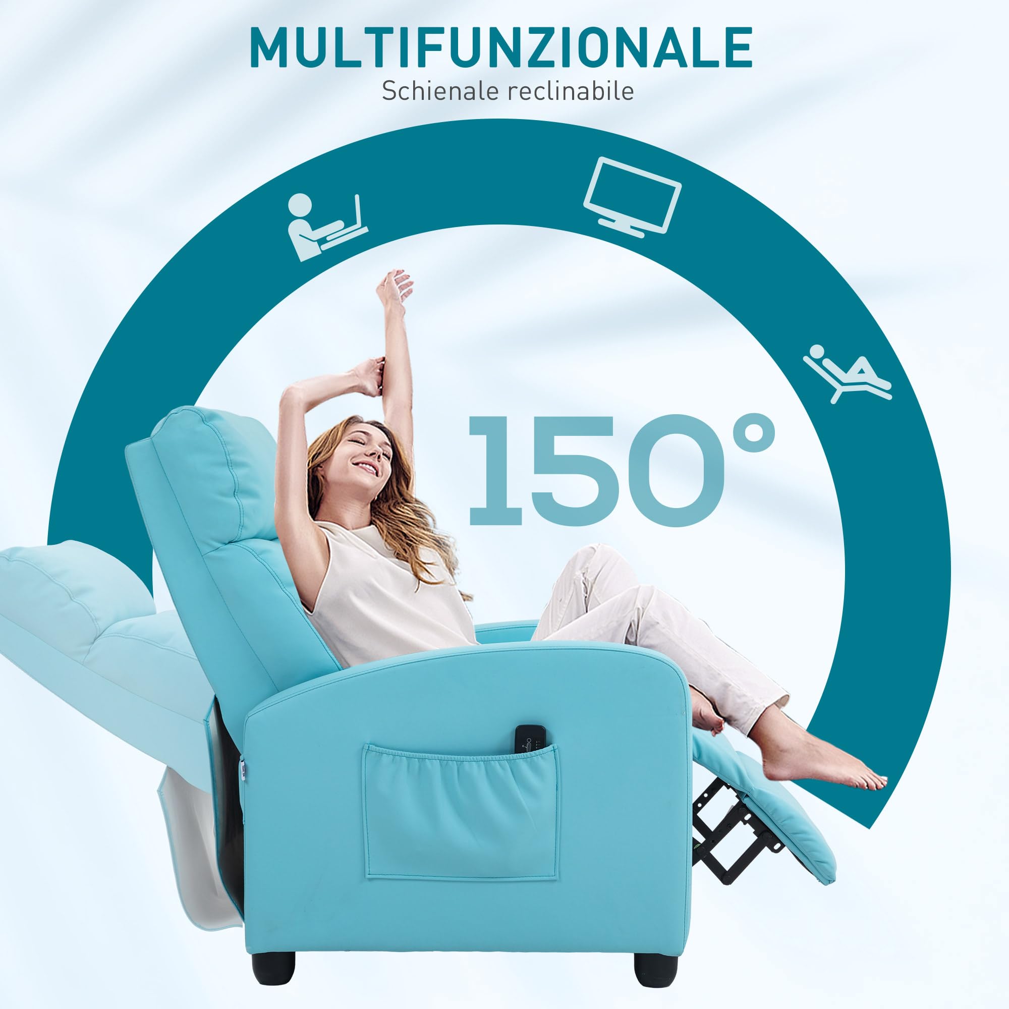 HOMCOM Poltrona Relax Massaggiante con 8 Modalità e 5 Intensità, Poltrona Reclinabile con Poggiapiedi e Telecomando, Pelle PU - 68x88x98 cm, Azzurro