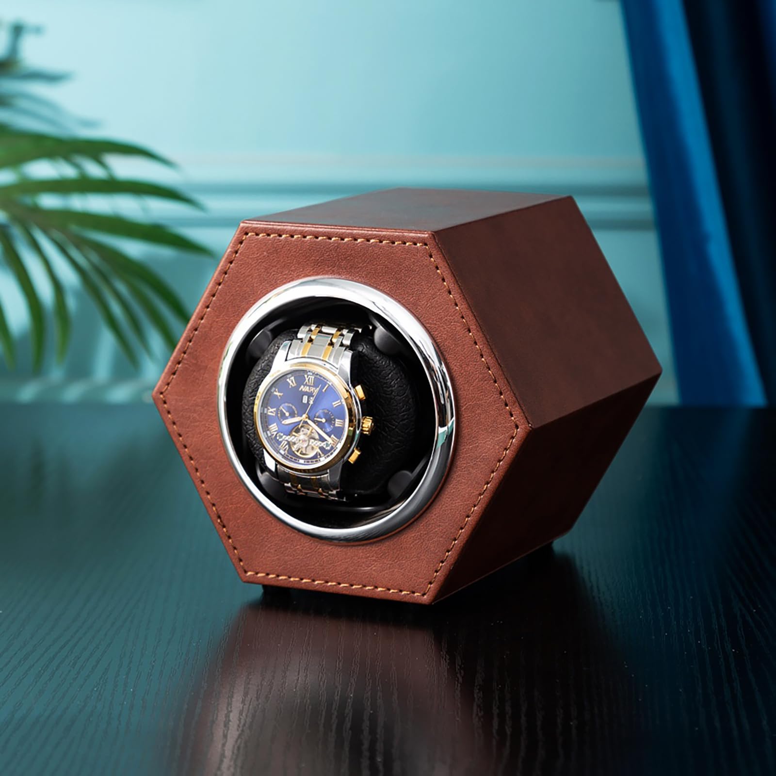 Produktbild von Isili Doppel Uhrenbeweger Für Automatikuhren, Dual Uhrenbeweger Box Für Uhrenliebhaber, Mit Leisem Motor 4-Rotationsmodus Einstellung, Blaues Licht, Elastische Uhrenkissen, Geschenk Für Mann