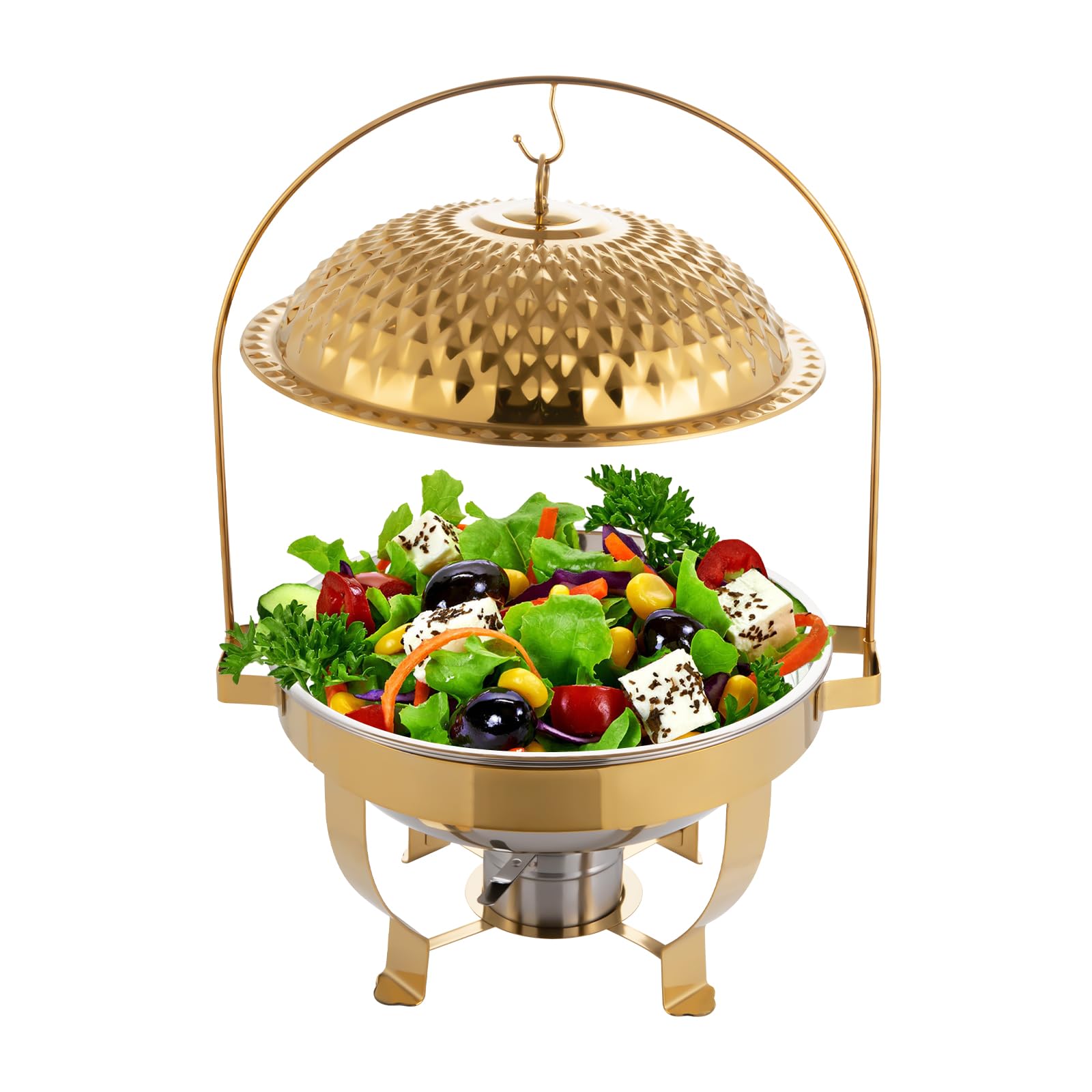 LINISHOP Stainless Steel Diamond Hanging Lid Stove Alcohol Hanging Lid Dining Stove w/Binaural Carrying Hands Round Buffet Warmers Sets for Restaurant Family Gatherings (Gold, 6L/6.3QT)