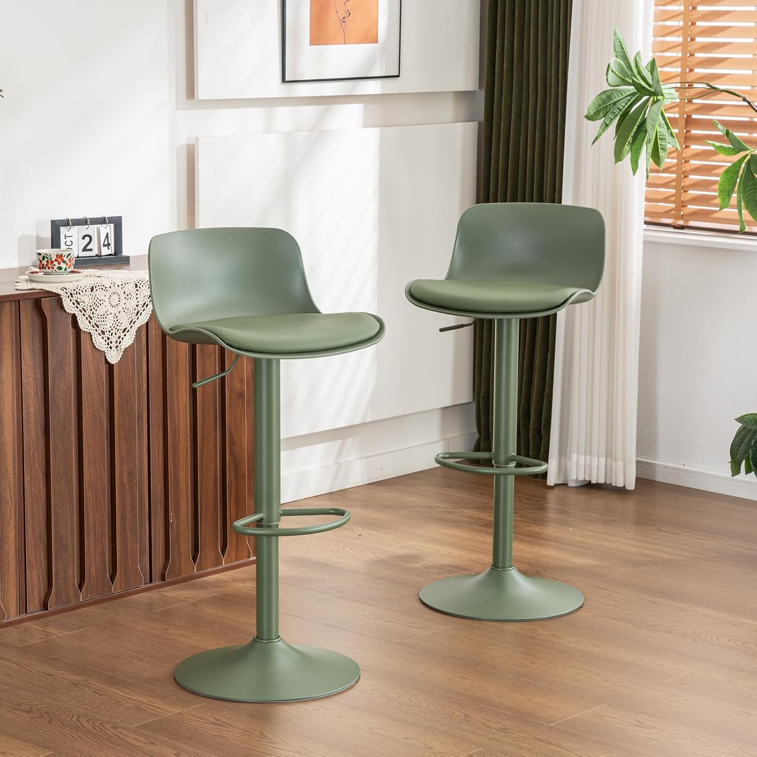 YOUNIKE Sgabello da Bar Verde Set di 2, Sgabelli da Cucina Girevole 360° Regolabili Altezza con Poggiapiedi, Moderno Seggiolone per Bar, Cucina, Bancone