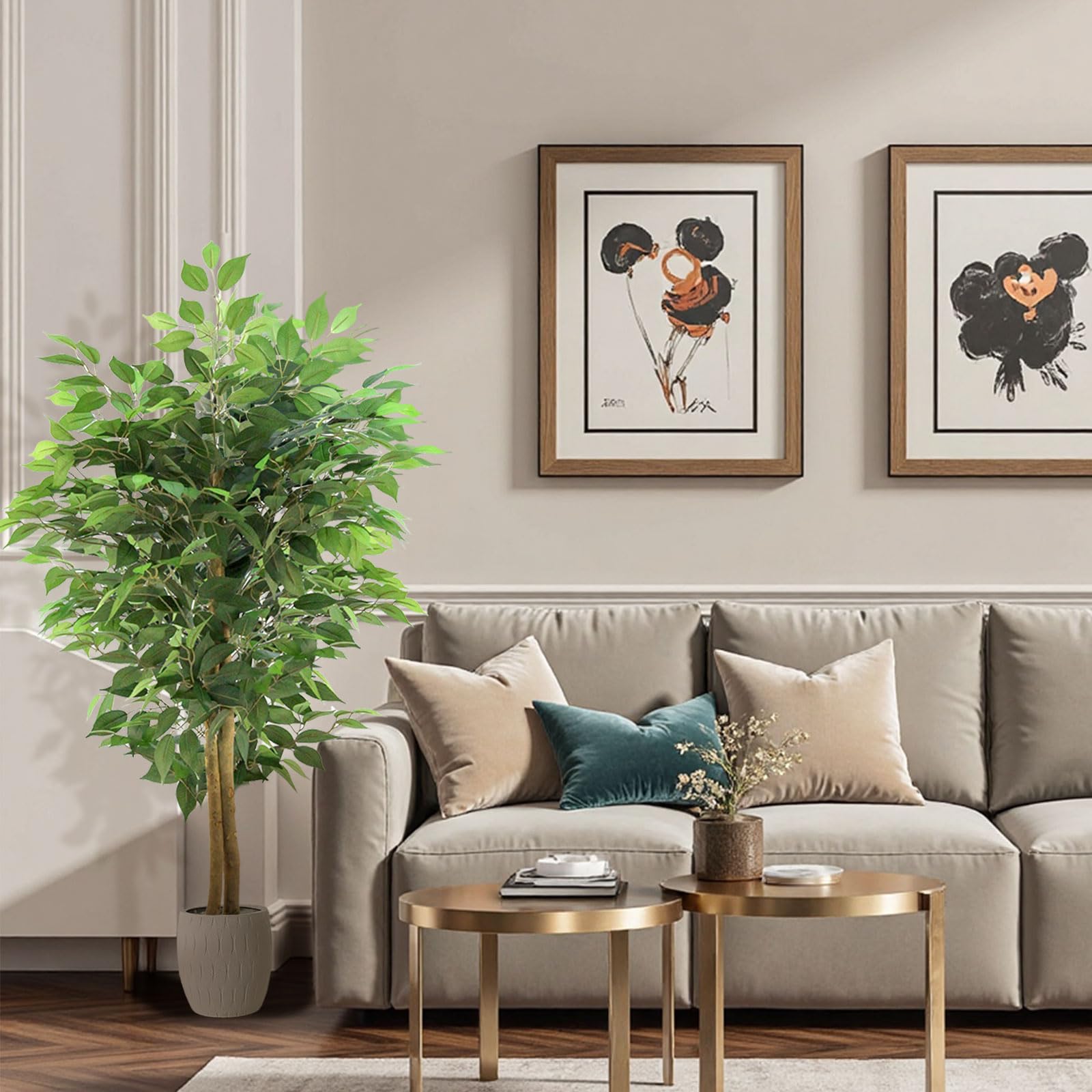 150cm Kunstbaum Ficus, Kunstpflanze Groß mit Naturholz-Stamm wie echt für Wohnzimmer, Büro, Garten, Balkon & Terrasse